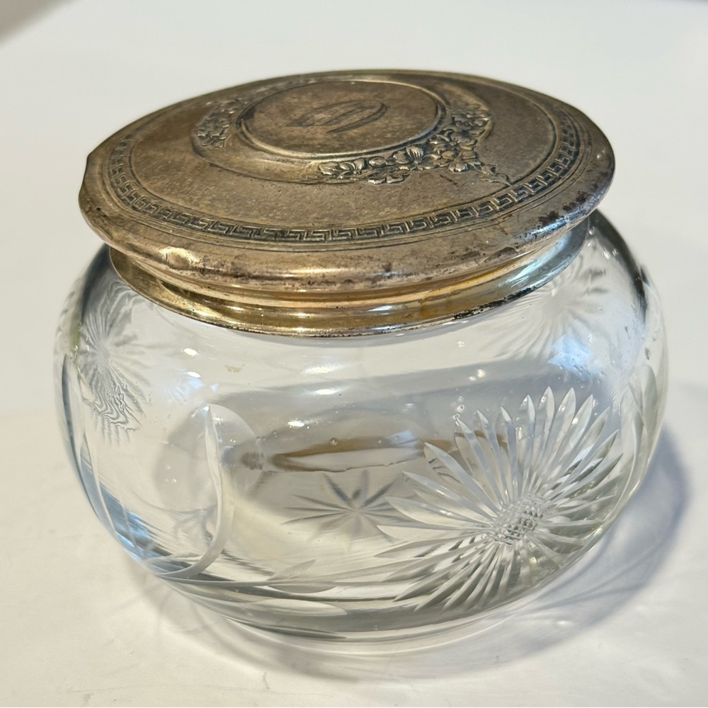 Antique Sterling Silver 925 Lid Floral Crystal Glass Covered Dresser Vanity Jar